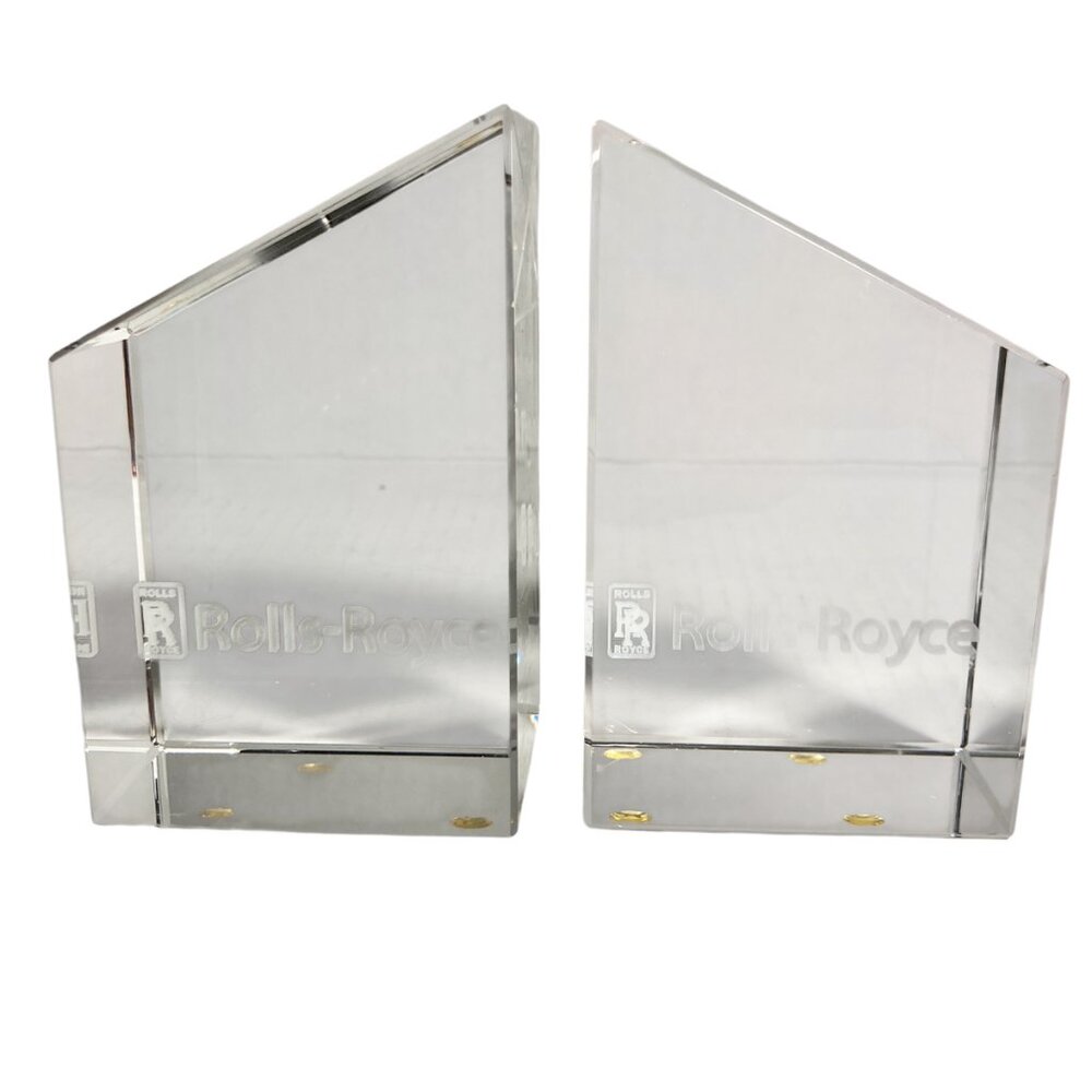 2 Vintage Crystal Rolls Royce Car Book Ends Bookends Glass Laser Etched Logo